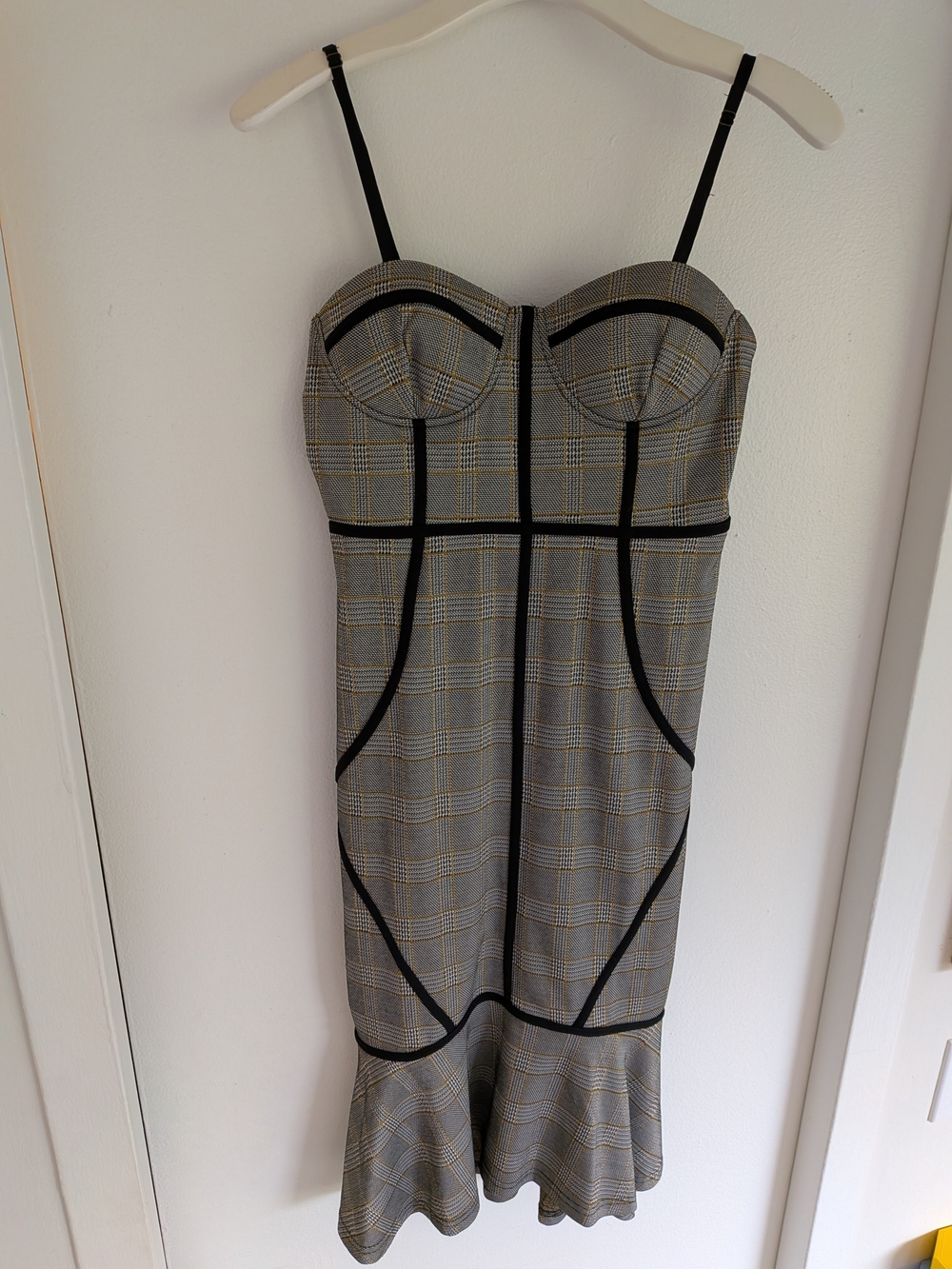 Honey Punch Black, White & Mustard Plaid Midi Dress